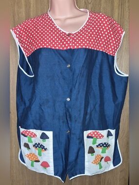 Vintage 60s Hostess Smock Apron Mushroom Print Polka Dot Snap Front XL 2x Vest
